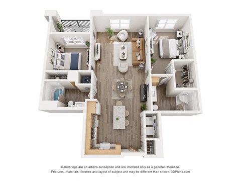 Floor plan for 2 beds, 2 baths, 1037 sqft